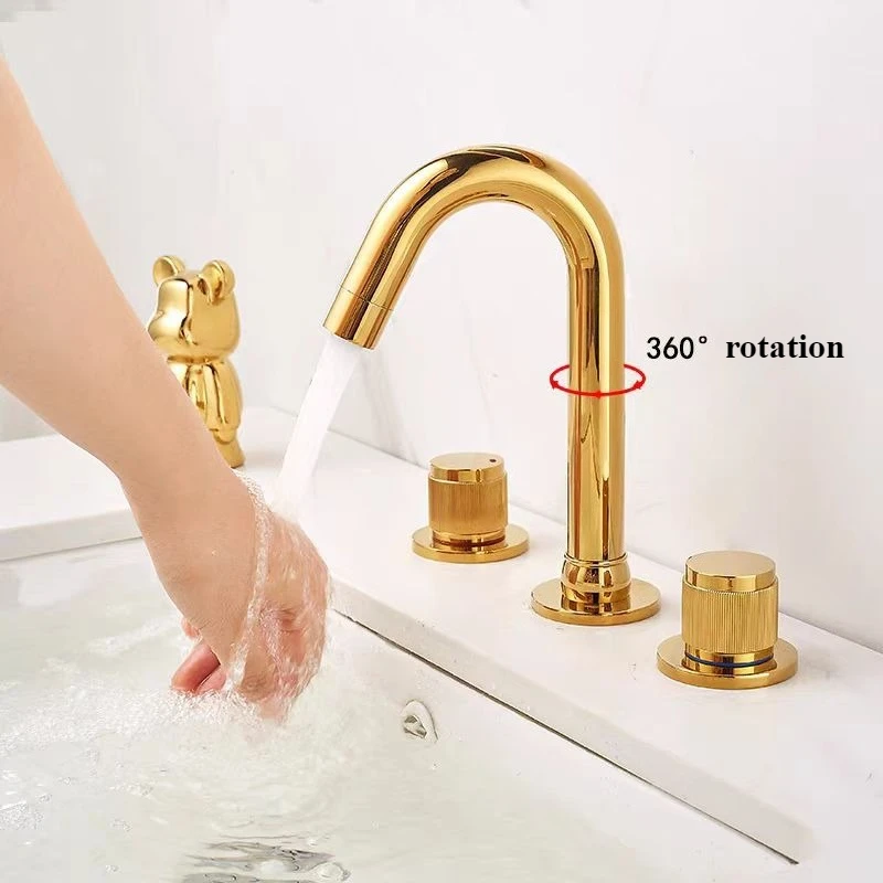 

Golden Brass Bathroom Faucet 3 Holes Basin Faucet Deck Mounted Tap Hot Cold Water Double Control Handles Basin Sink Mixer Taps