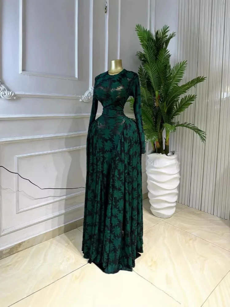 Luxuriöses Damen-Maxikleid mit elegantem Design, Print und Mesh, zweiteiliges Set mit Unterkleid, Urlaubs- und Strandstil, langärmlig – Detail 14