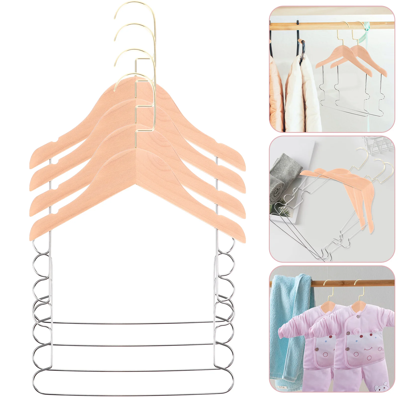 

4pcs Wooden Clothes Hangers Set Small Coat Hangers For Suits Pants Infant Clothes Wrinkle-Free Closet Storage Wood Clothing