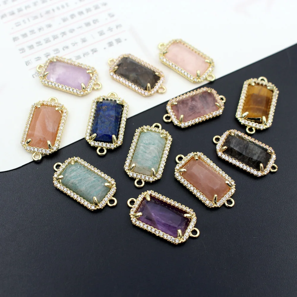 

10pcs Trendy Rectangle Faceted Natural Stone Charms Double Hole Connectors Cubic Zirconia Pendant for DIY Jewelry Accessories