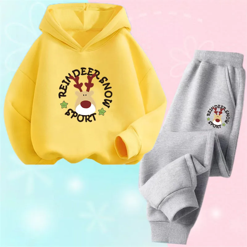 مجموعات هوديس عيد ميلاد سعيد للأطفال ، الغزلان طباعة البلوز والسراويل ، سانتا كلوز الدعاوى للفتيات ، سنة جديدة سعيدة ، 3-14 سنة #3