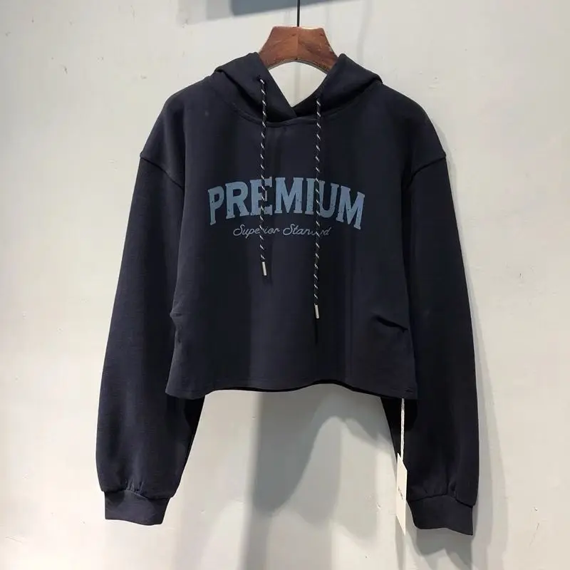 Women Letter Print Cropped Hoodie 2026 Fall Korean Style Loose Pullover Sweatshirt Streetwear Casual Hooded Top