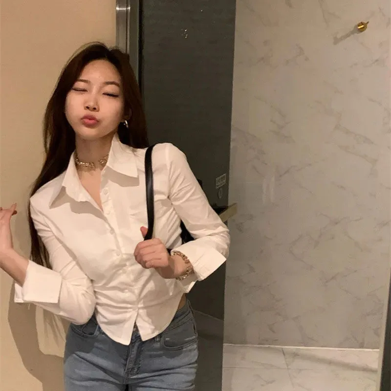 White Crop Shirt Women Y2K Summer Korean Long Sleeve Lapel Buttons Blouse Fashion Streetwear Chic Slim All-Match Shirts New