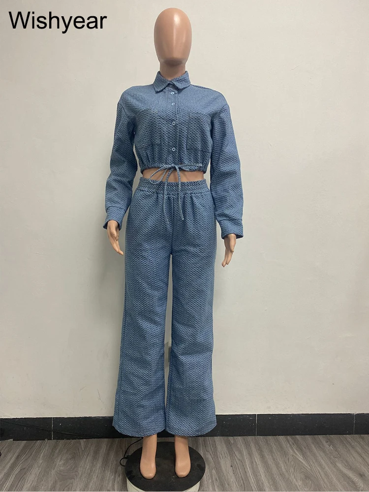 Elegant Denim Two Piece Set Women Long Sleeve Buttons Drawstring Jackets Crop Top Wide Leg Pants Jeans Suits Streetwear Outfit