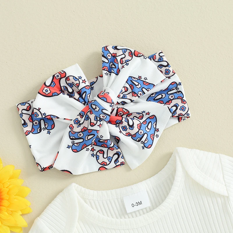 

BULINGNA Infant Baby Girl 4th of July Outfit Short Sleeve Letter Print Romper Cow Floral Flare Pants Western Cowgirl Clothes