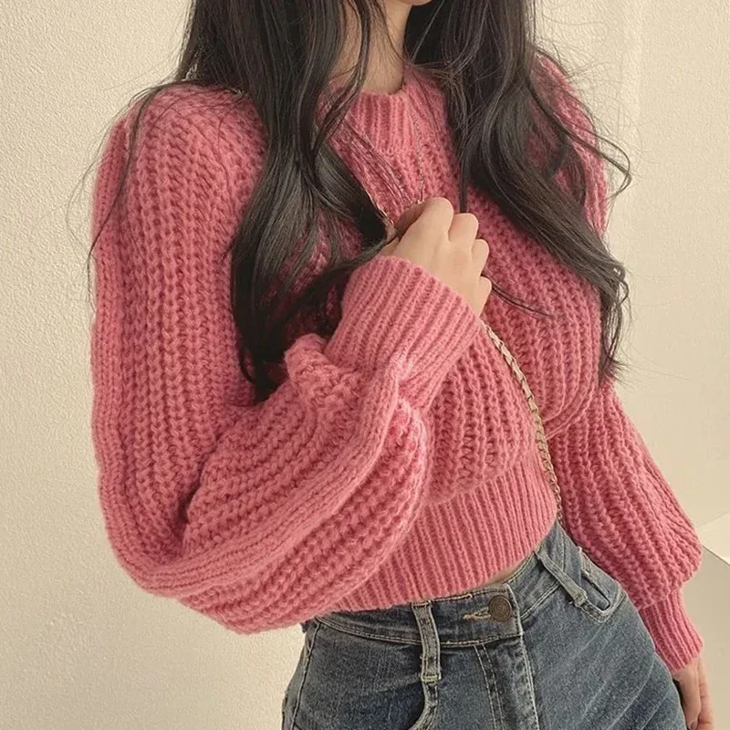 Loose Vintage Harajuku Lantern Long-Sleeved Women Sweater Korean Autumn Winter Knitwear Soft Warm Pullover Chic Solid Jumpers