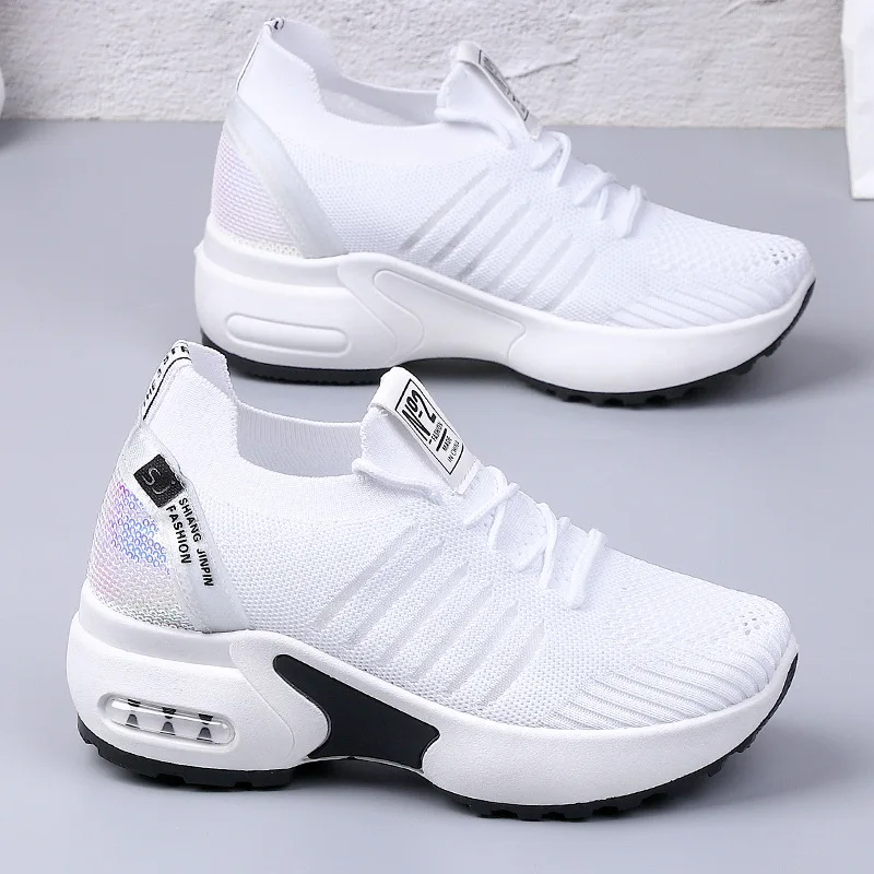 Women Sneakers Mesh Breathable Wedge Heels Lace Up Glitter Height Increase Casual Shoes Non Slip Summer Shoes for Women 2026 New