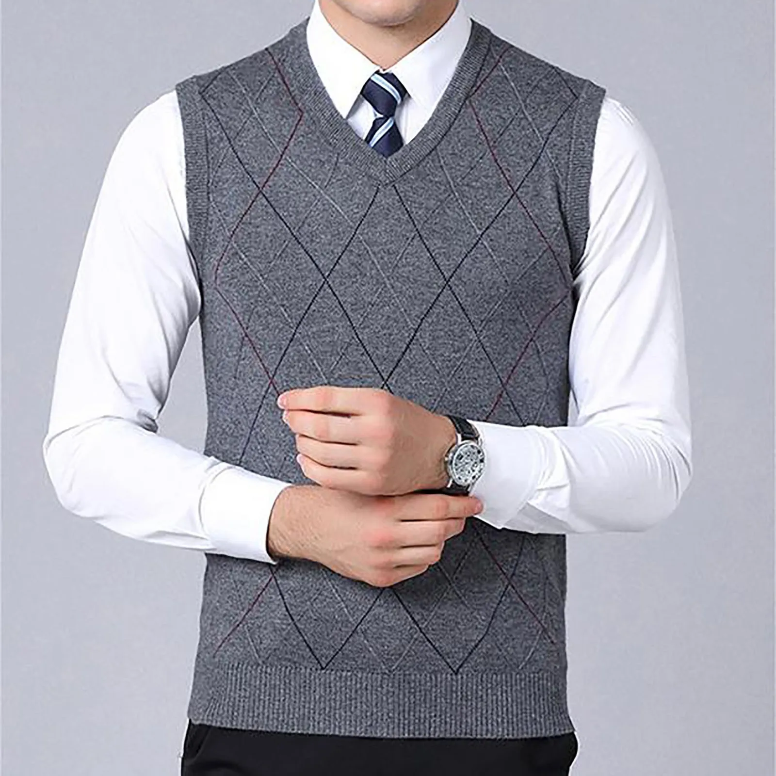 

Winter Male Sleeveless Knitted Vest Men's Fashion Casual Solid Colour Bottoming Shirt V Neck Jacquard Shoulder Jumper Vests