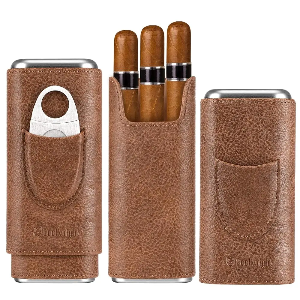 

Leather Cigar Case - Cedar Wood Lining Travel Humidors for Cigars - Cigar Accessories Include Stainless Steel Cigar Cutter -