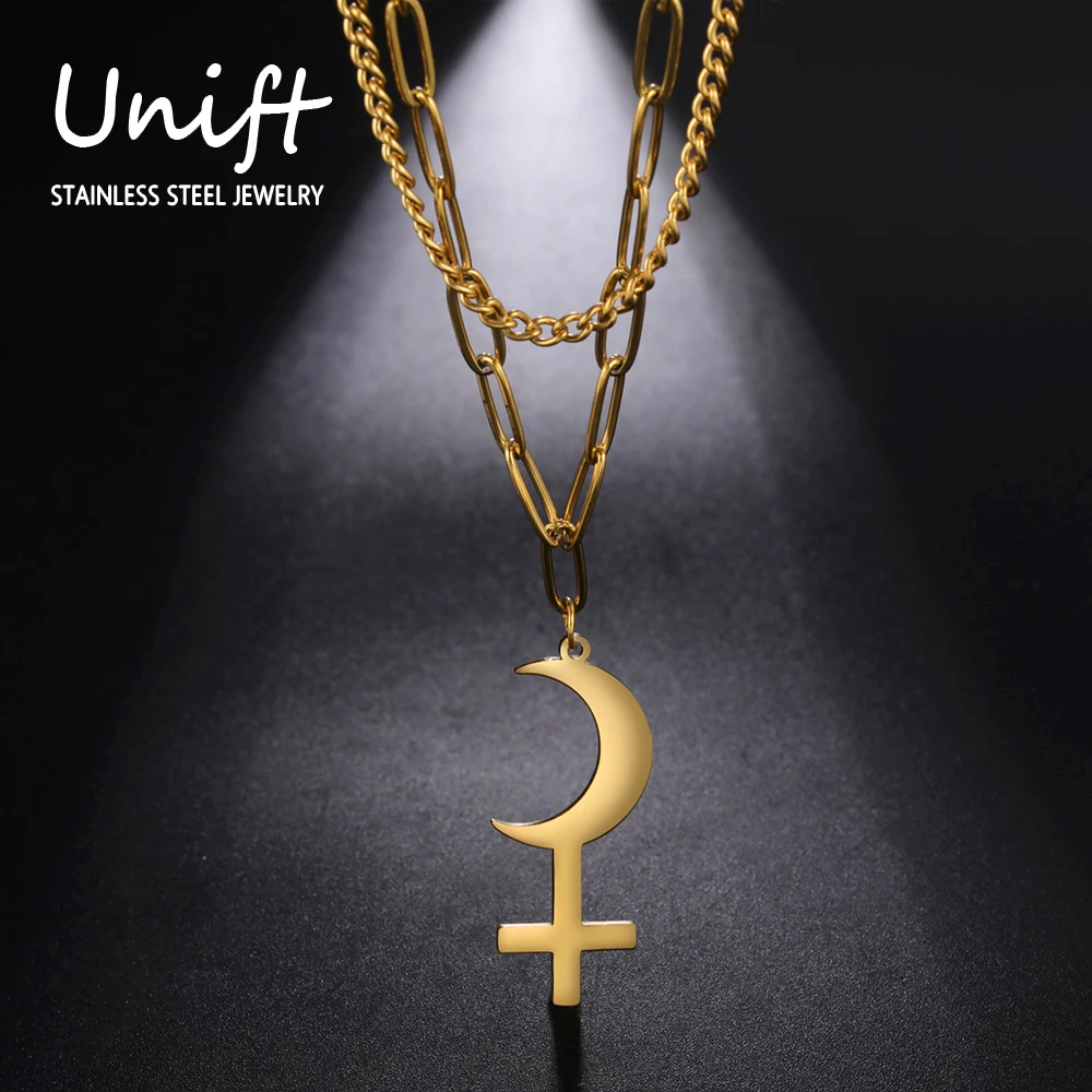 Unift Vintage Black Moon Lilith Pendant Necklace Crescent Moon Cross Double Layer Necklace Mysterious Astrological Jewelry Women