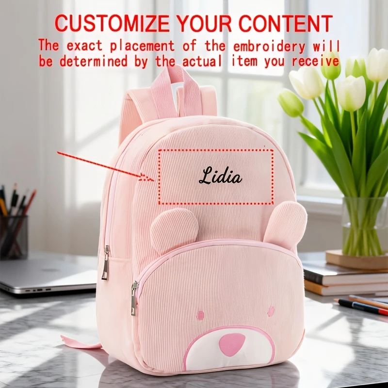 Personalized Name Toddler Backpack, Embroidered Cartoon Bear Corduroy Bag Large Capacity School Season Plush Backpack for Kids