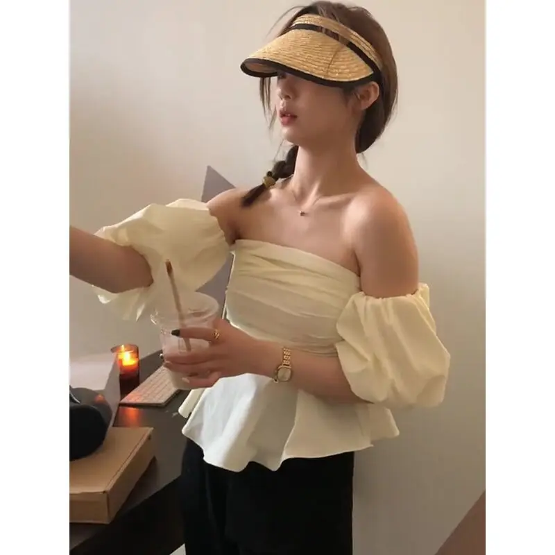 One Shoulder Strapless Shirt Blusas Femininas Elegantes Tops & Tees Tanks  Camis 2024 Crop Blouse White Doll Neck Sling Tunic