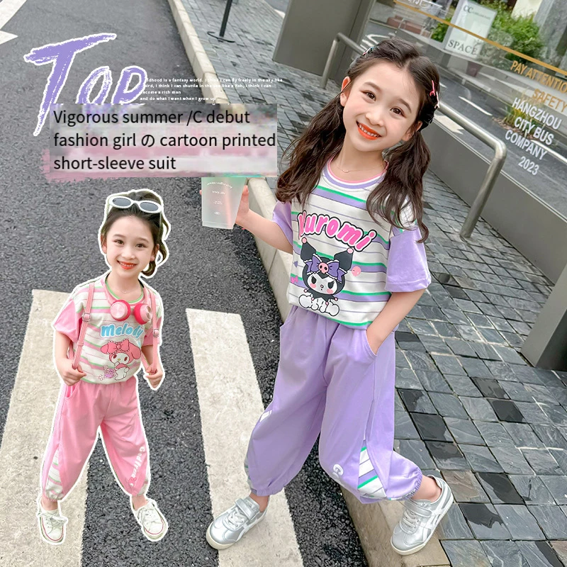 Girl Sanrios Child Suit Spring Summer New Children's Clothing Short Sleeve Mosquito-Repellent Pants Two-Piece Set Leisure