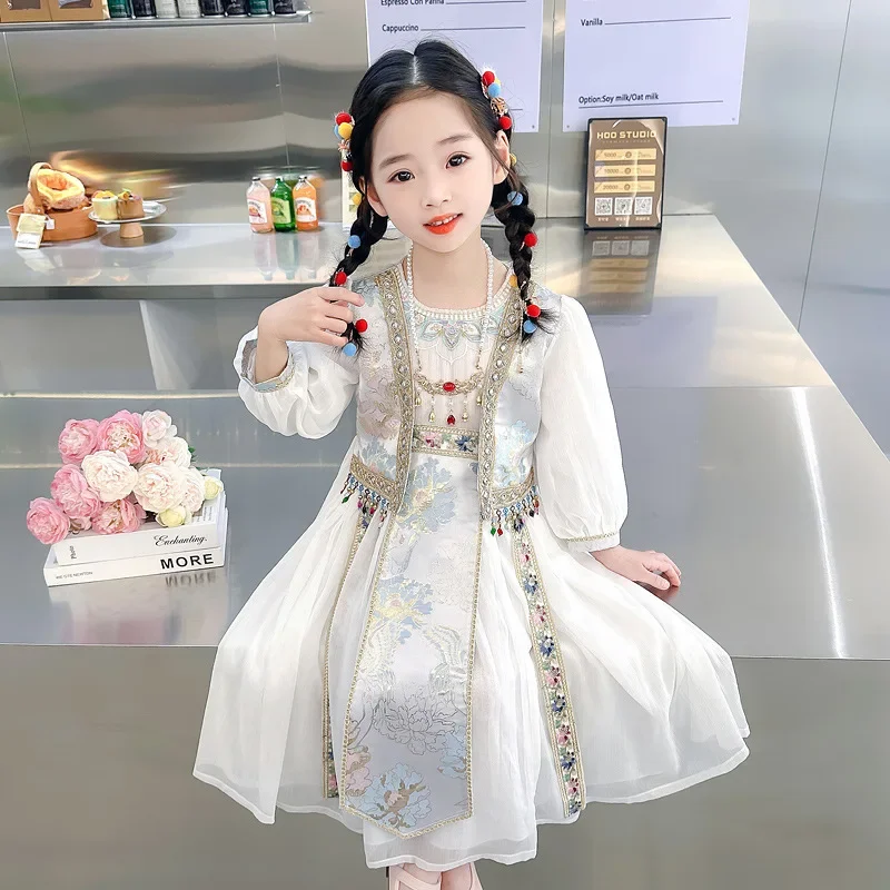 

2025Girls' Spring and Summer New Ethnic Style Performance Wear Dance Skirt Fake Two-Piece Princess Dress