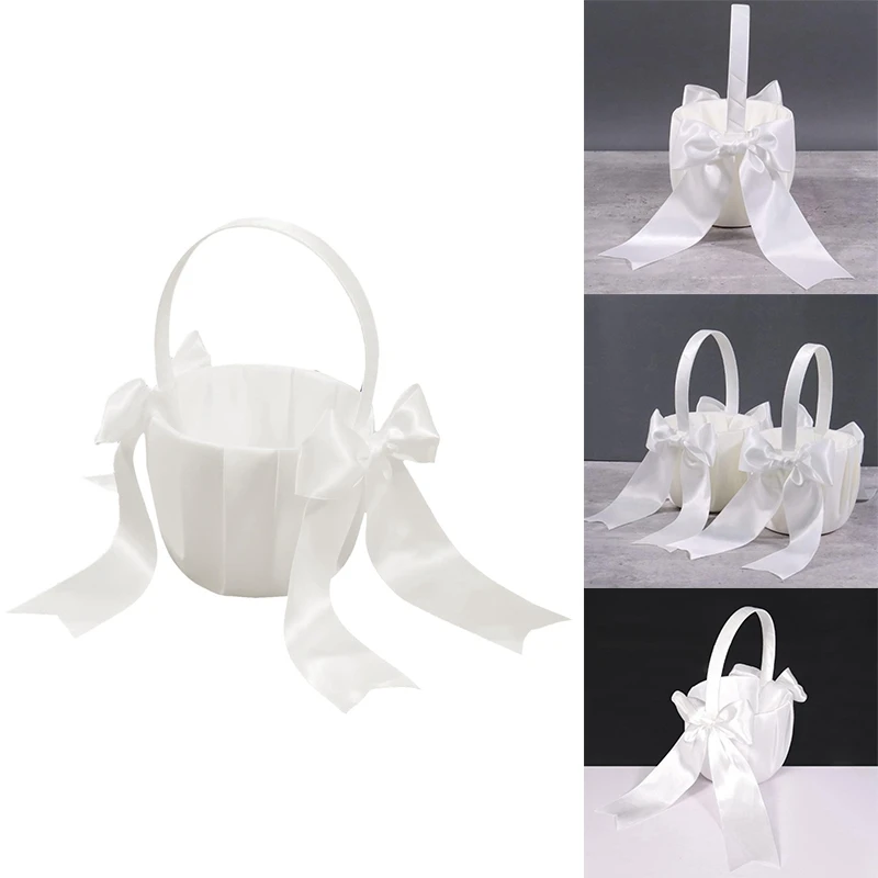 2 Piece White Flower Girl Basket Wedding Basket For Flower Girls Cute Satin Flower Girl Basket