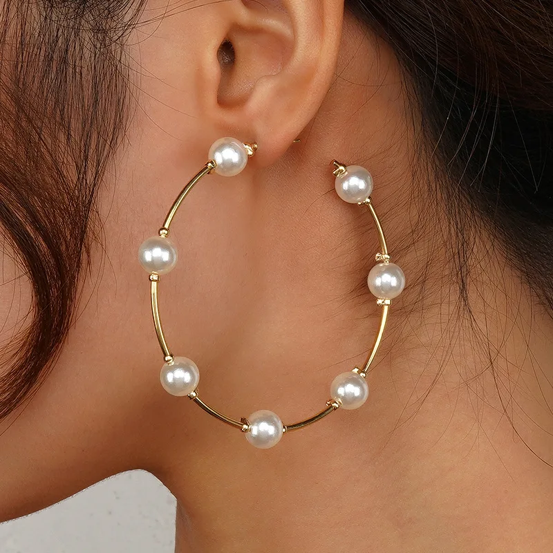 Bohmeian White Imitation Pearl Round Circle Hoop Earrings Female Golden Color Big Statement Earrings Exaggerate Party Jewelry