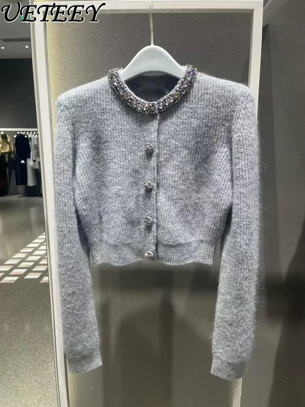 High-End French Style Niche Sweet Cardigan Coat for Women Simple Heavy Craft Colorful Diamond Long Sleeve Knitted Jacket