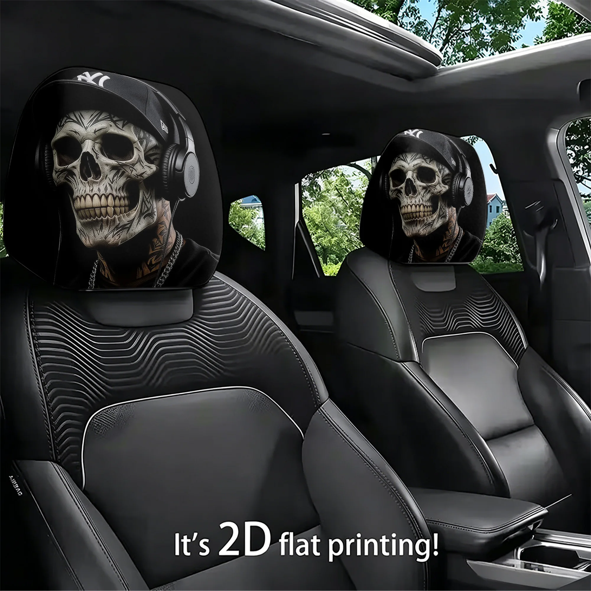 2pcs DJ Skull-Patterned Car Headrest Covers—brings a hip-hop vibe to your car’s interior. Filling not included. Easy to install.