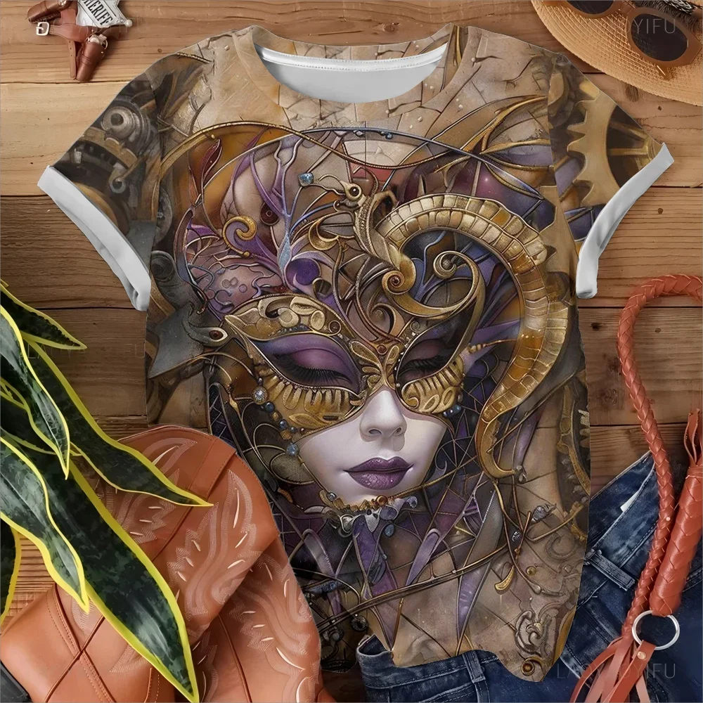 

Женская футболка с 3D принтом «Таинственная фиолетовая золотая маска» Y2K Art, модные удобные летние топы с короткими рукавами для отдыха