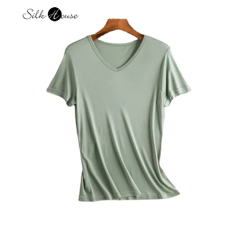 Silk T-shirt Straight Tube Short Sleeve Solid Mulberry Silk Top V-neck Simple Bottoming Shirt Loose Women's Fashion New Style