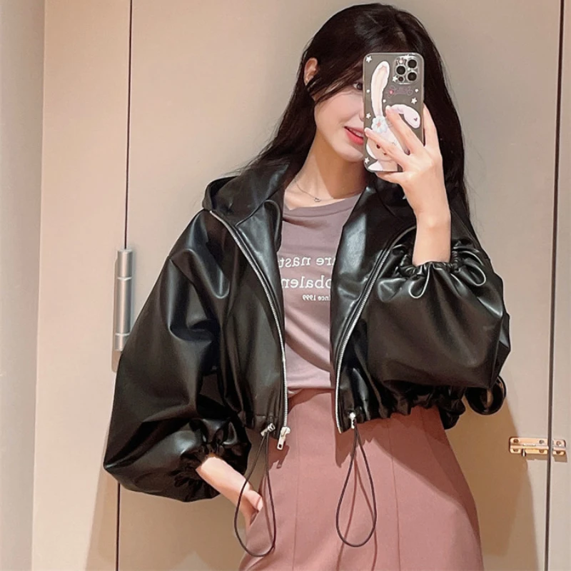 Vintage Chic Faux Leather Tops Hooded Zipper Drawstring Pu Leather Jackets Women Spring Winter New Casual All Match Coats