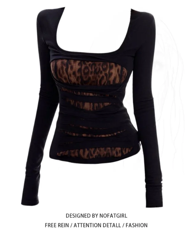 

Женская теплая базовая футболка больших размеров в американском ретро-стиле с леопардовым принтом, длинным рукавом и утягивающим поясом, для зимы