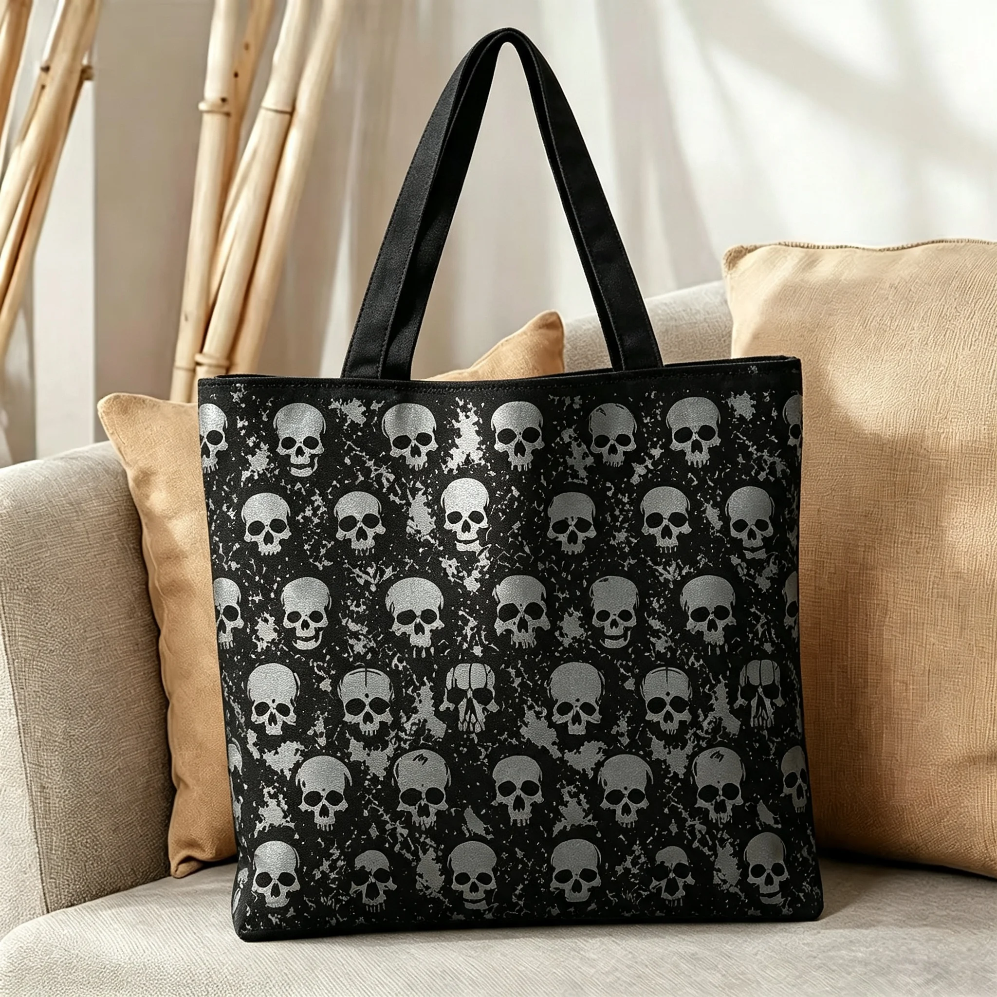 Schwarze Vintage-Tragetasche mit Totenkopf-Print, Gothic-Punk-Stil, große Kapazität, lässige Damen-Umhängetasche für Shopping und Reisen – Detail 6