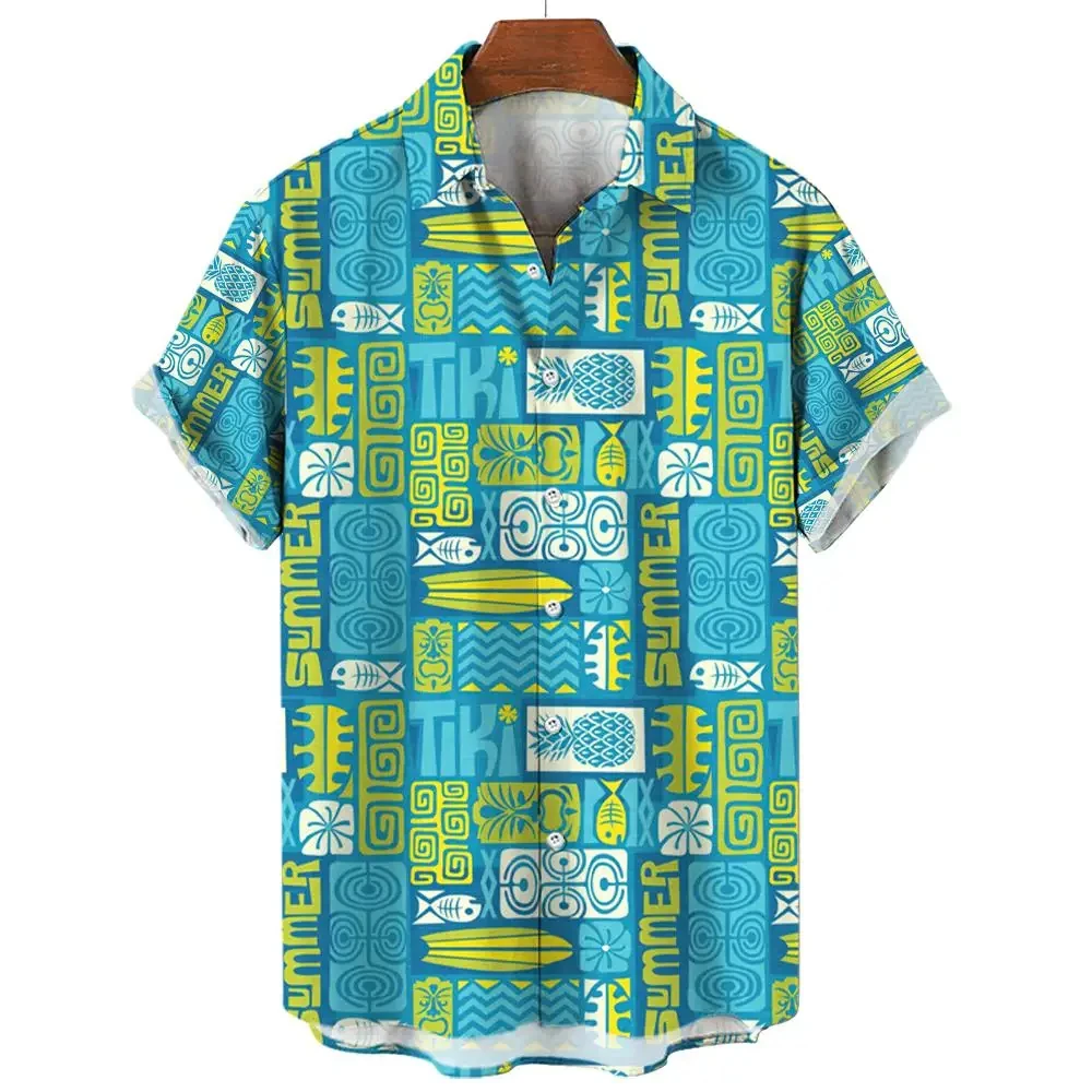 Hawaii Men\'s Shirt Tiki pattern 3D Printed Tops Summer Fashion Holiday casual shirtShort Sleeves Shirts Lapel Button Streetwear