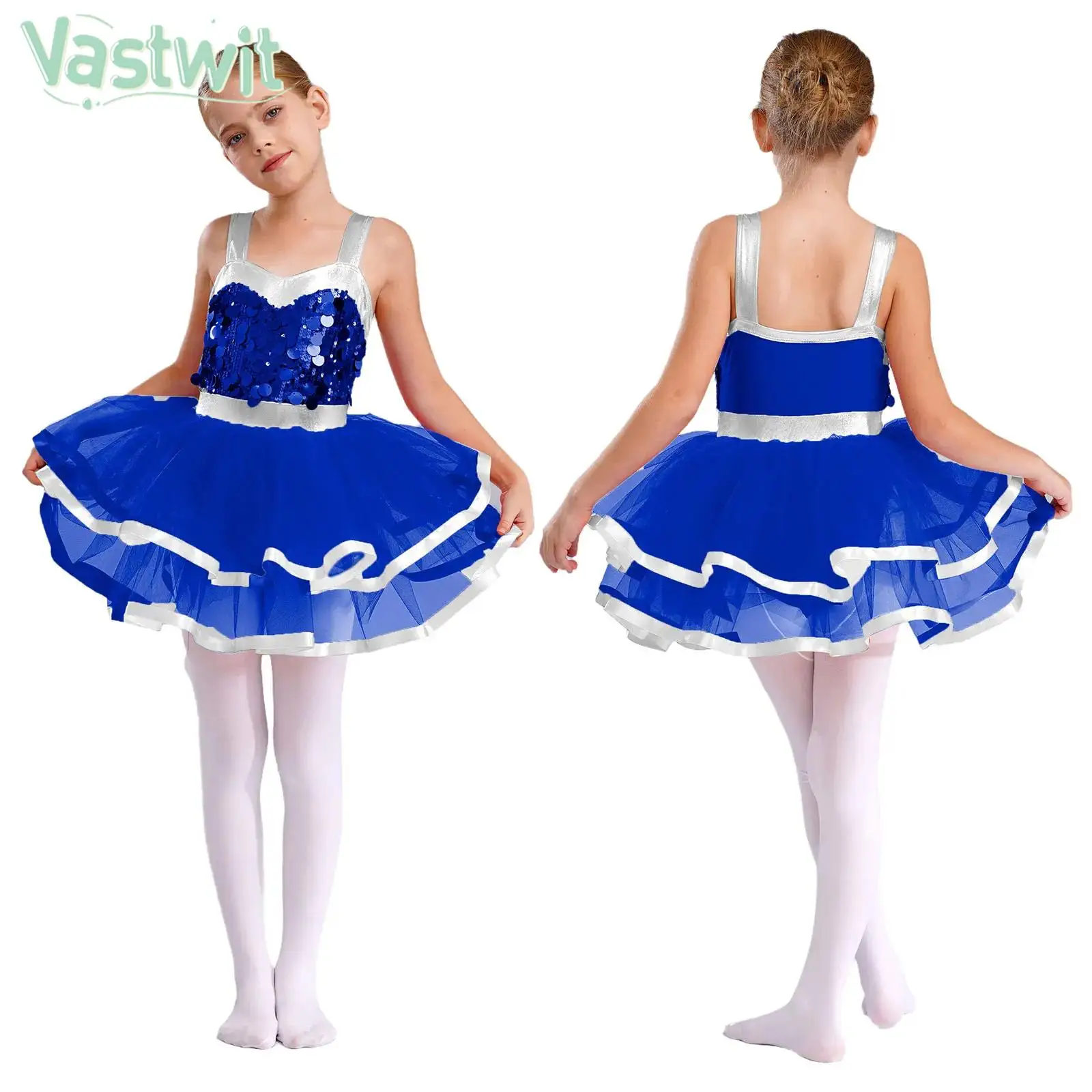 

4-16Y Girls Jazz Ballet Dance Tutu Dress Sleeveless Shiny Sequin Leotard Dress Skating Gymnastics Acrobatics Performance Costume