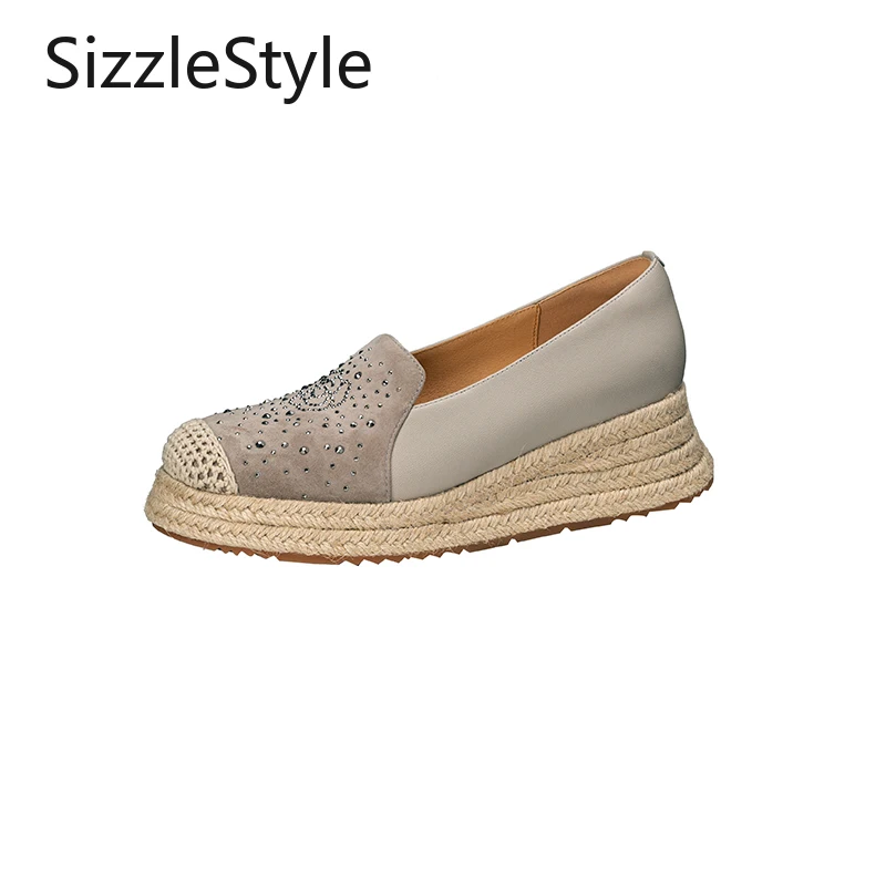 

Fashionable Women's Leather Round Toe Rivet Decorated Straw Heel Comfortable Wedge Heel Slip-on Shoes