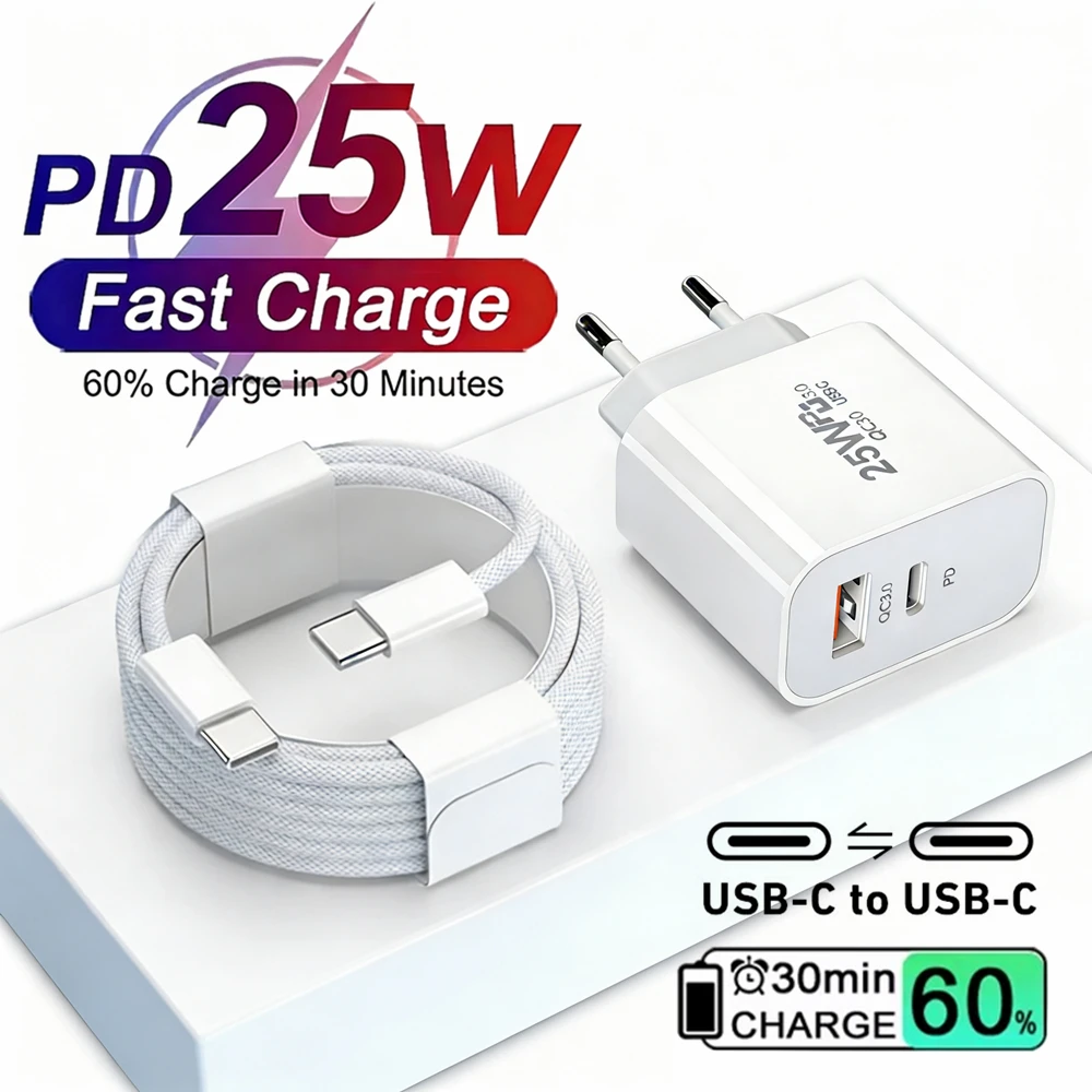 

25W PD USB-C Fast EU Charger For iPhone 15 16 Plus 15 16 17 Pro Max 16e Type C to Type C Quick Charging Braided Cable 1m 1.5m 2m
