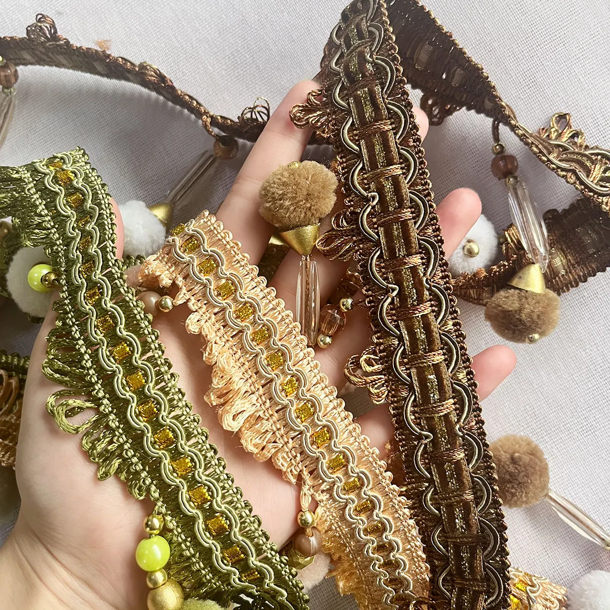 1PCS Pom Pom Beaded Curtain Trim, Boho Style Decorative Fringe Tassel Lace for Curtain DIY