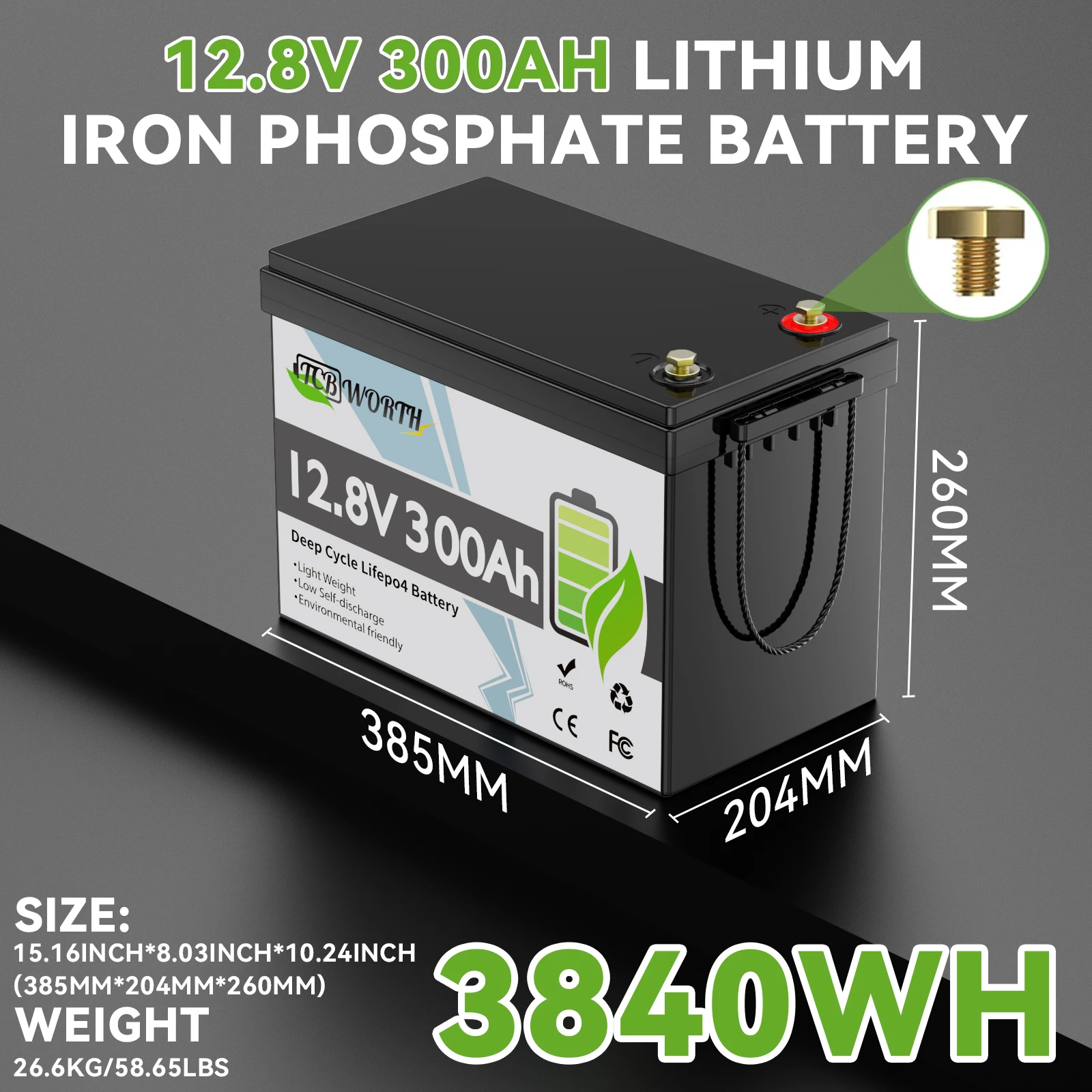 TCBWORTH 12V 300Ah LiFePO4 Lithium Battery with 200A BMS,6000+ Cycles,Low-Temp Protection for RV,Off-Grid,Home Storage & Marine