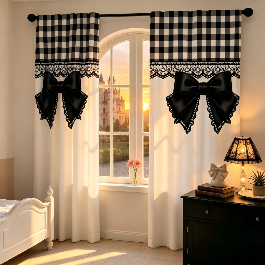2PCS Digital Print  Curtain, Plaid Bow Tie, Modern Farmhouse Rustic Window Treatment for Bedroom Living Room Decoration