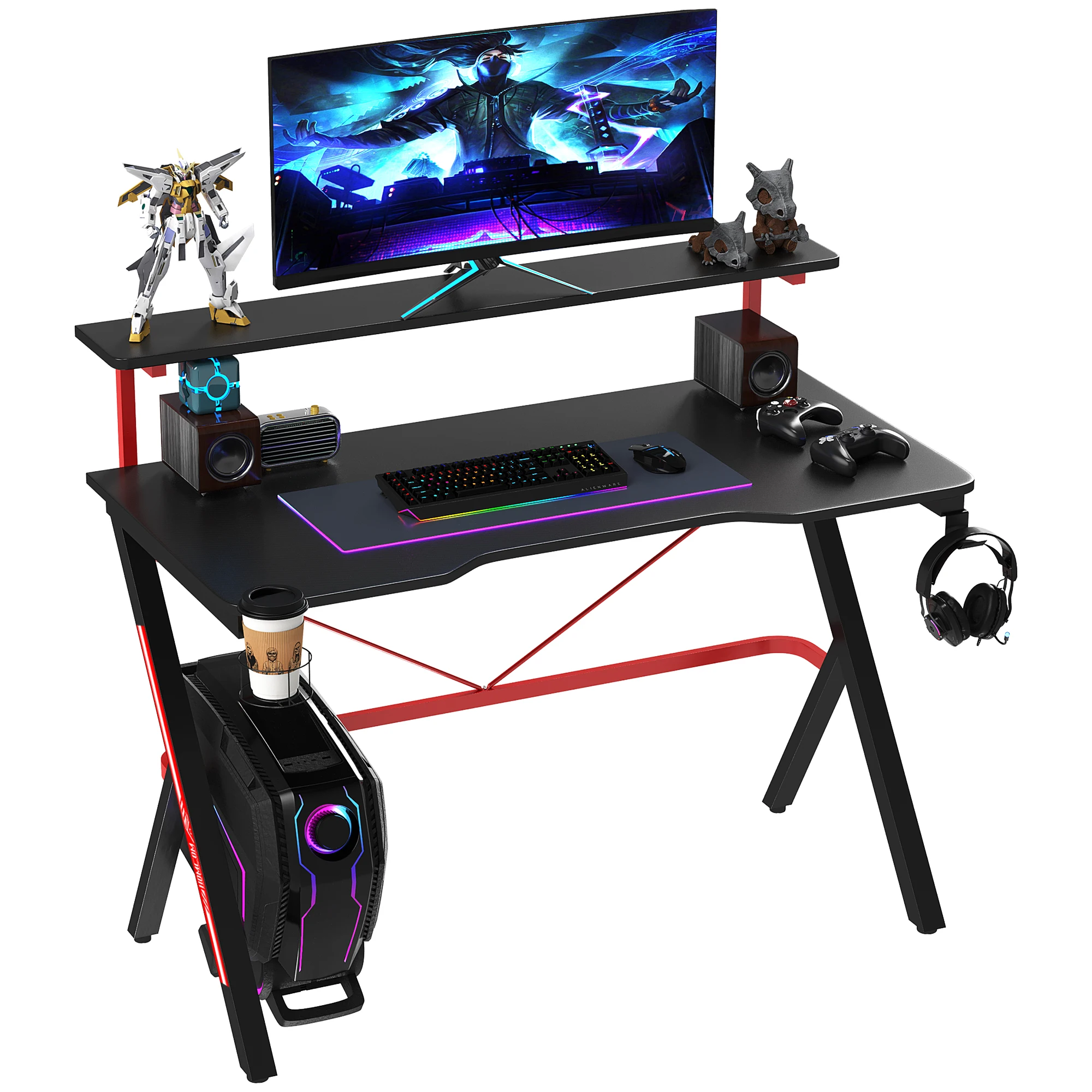 

Homcom 47 Inch Gaming Desk, Racing Computer Desk with Elevated Monitor Shelf, Headphone Hook and Rotatable Cup Holder, Home Office Workstation, Black