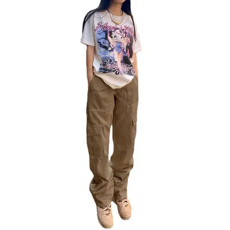 

Women's Denim Pants Street Fashion Multi-Pocket Tooling Straight Pants High Waist Skinny Loose Khaki Jeans Women