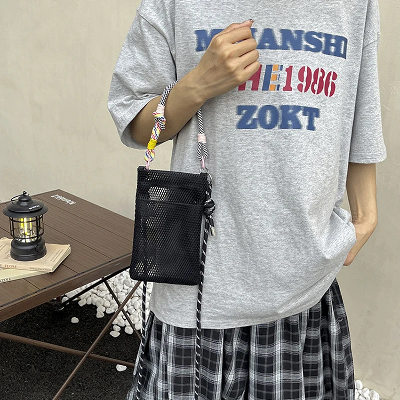 Fashion Hollow Mesh Breathable Shoulder Bag Summer Casual Trendy Crossbody Bag Small Square Phone Bag Braided Rope Strap Handbag