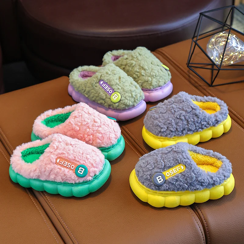 Aged 2-11 Winter Warm Simple Fashion Indoor Mule Soft Non-slip Fluffy Slippers For Kids Boys Girls Children Home Cotton Shoes