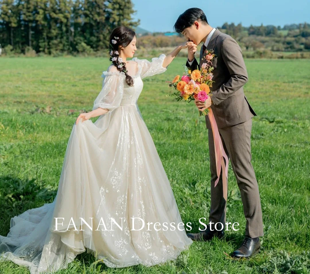 Colavis Asta Korea Puff Sleeves Ivory Wedding Dresses  웨딩드레스 Lace Tulle Custom Made Ruched Photoshoot Bride Gowns Plus Size