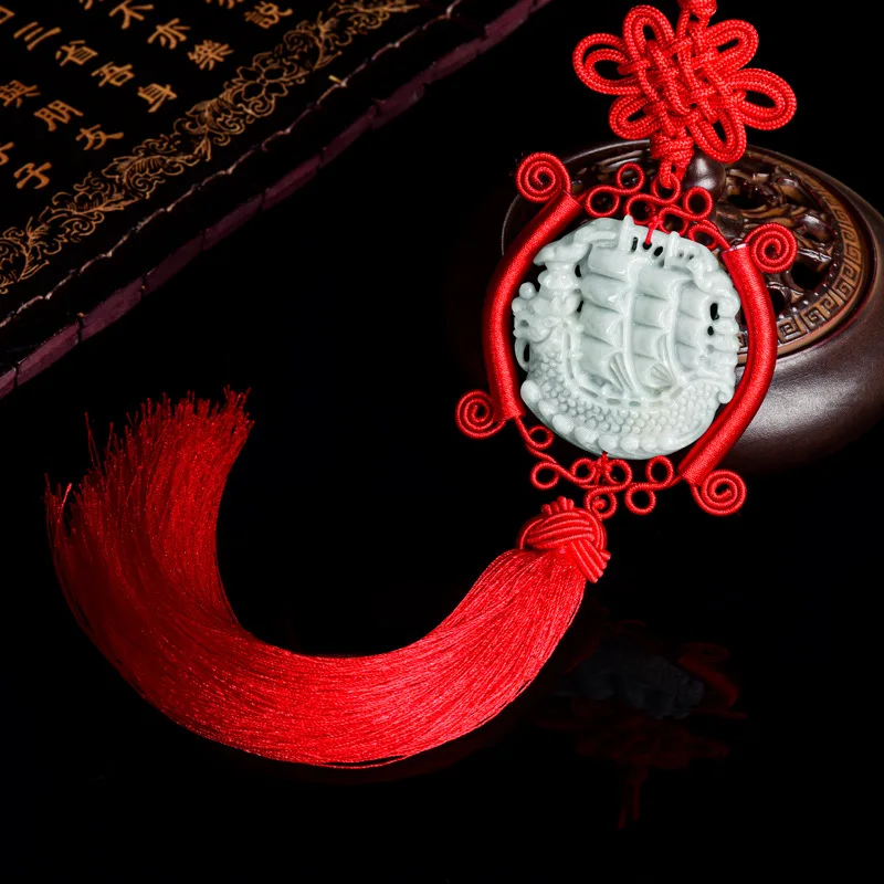 Natural A-grade Jadeite Smooth Sailing High-end Car Accessories Ensuring Safety China Knot Long Tassel  Jewelry Drop Shipping