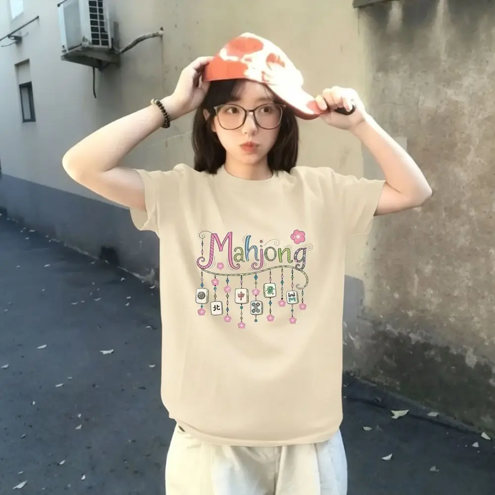Cute Mahjong Tile Graphic T-Shirt Women Summer Short Sleeve Flower Print Vintage Tops Female Fashion Harajuku Y2k Street Clothes