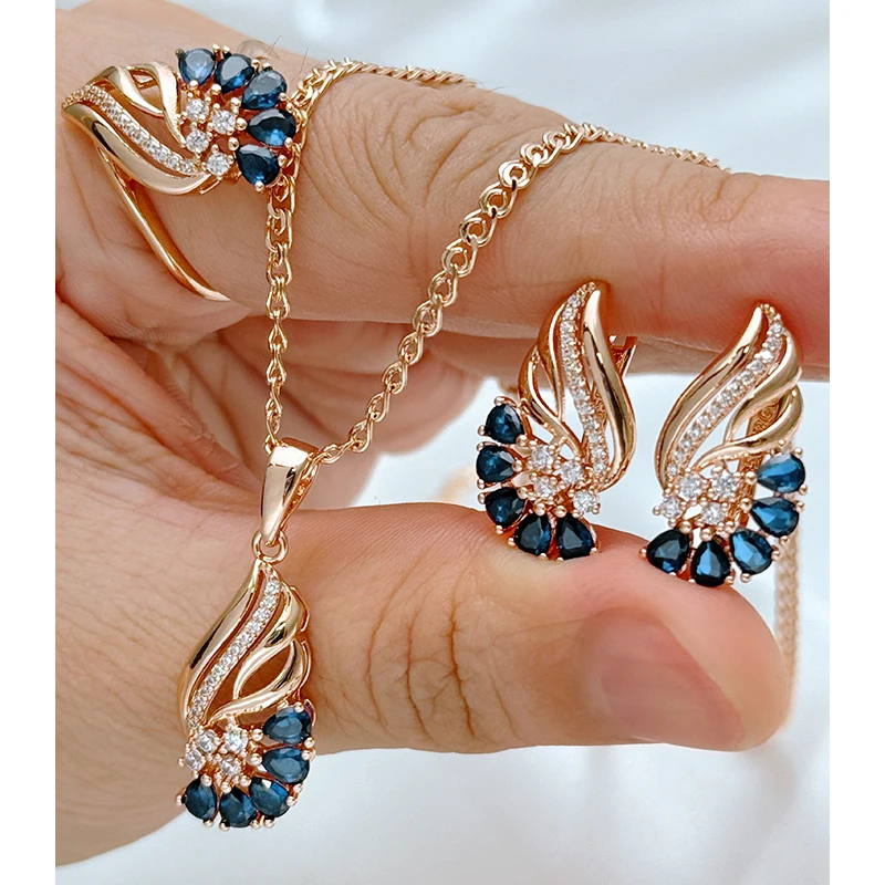Kinel Hot Shiny Blue Natürliche Zirkon Schmuck Sets für Frauen Mode 585 Rose Gold Farbe Ring Ohrringe Halskette Täglichen Edlen schmuck