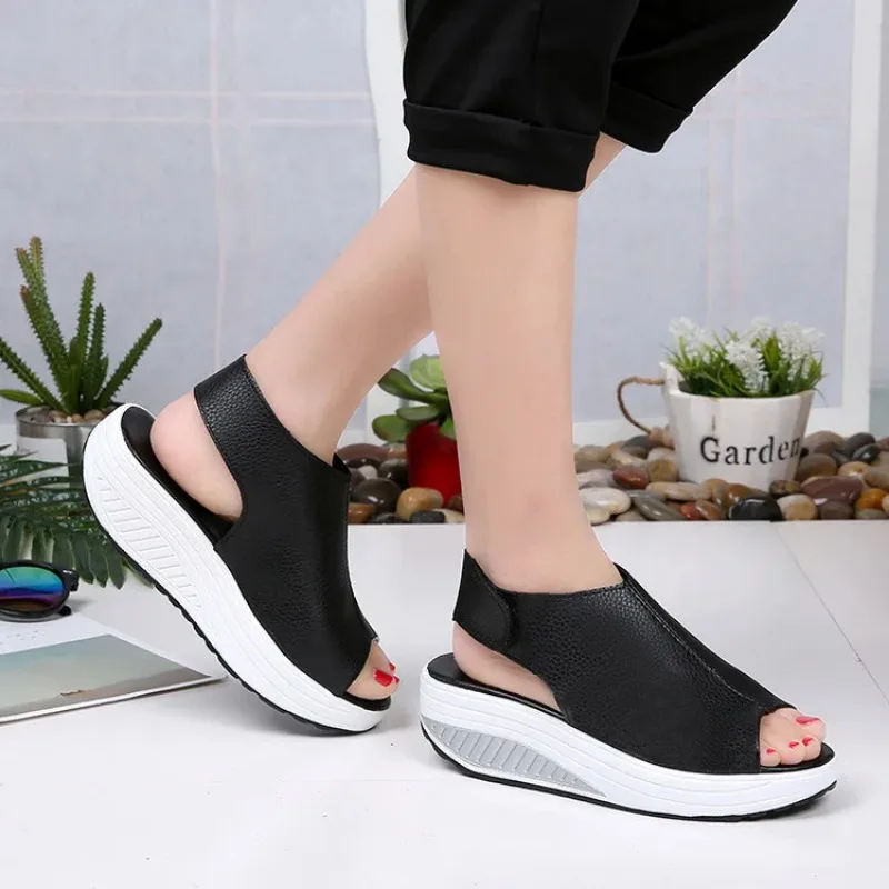 Rocking Shoes Women Summer Sandals Thick Bottom Magic Stickers Slope Muffin Waterproof Table Fish Mouth Big Size Dance Shoes