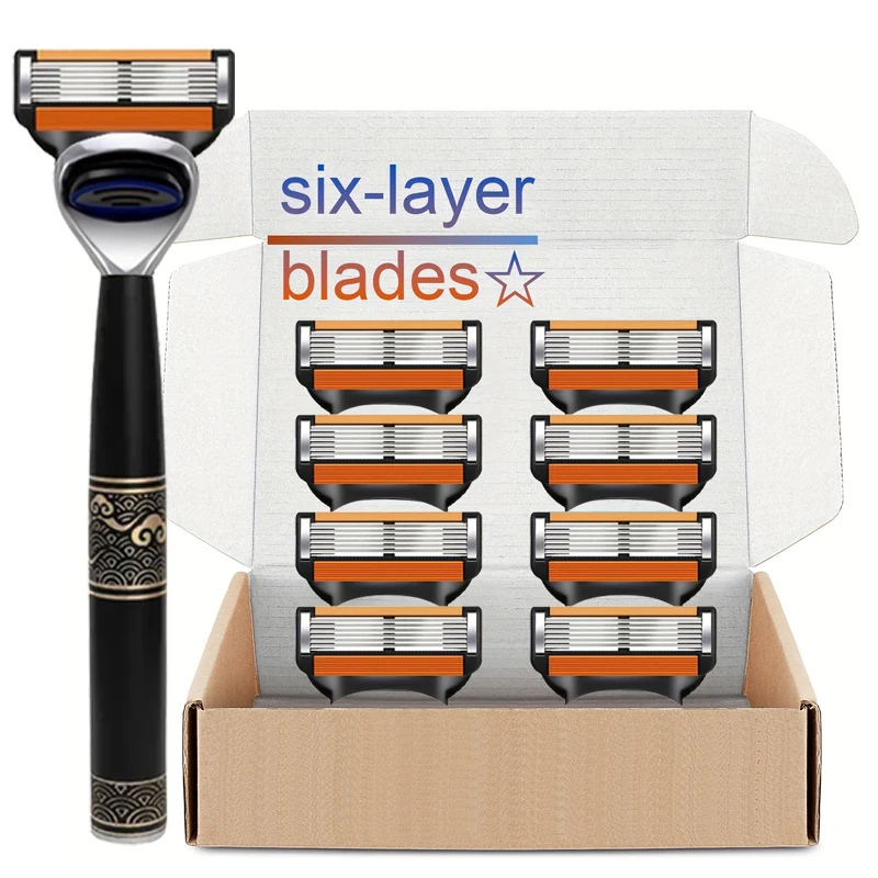 

New Stainless steel manual shaver, 6-layer razor blade reusable, retro wet scratch resistant hair removal blade