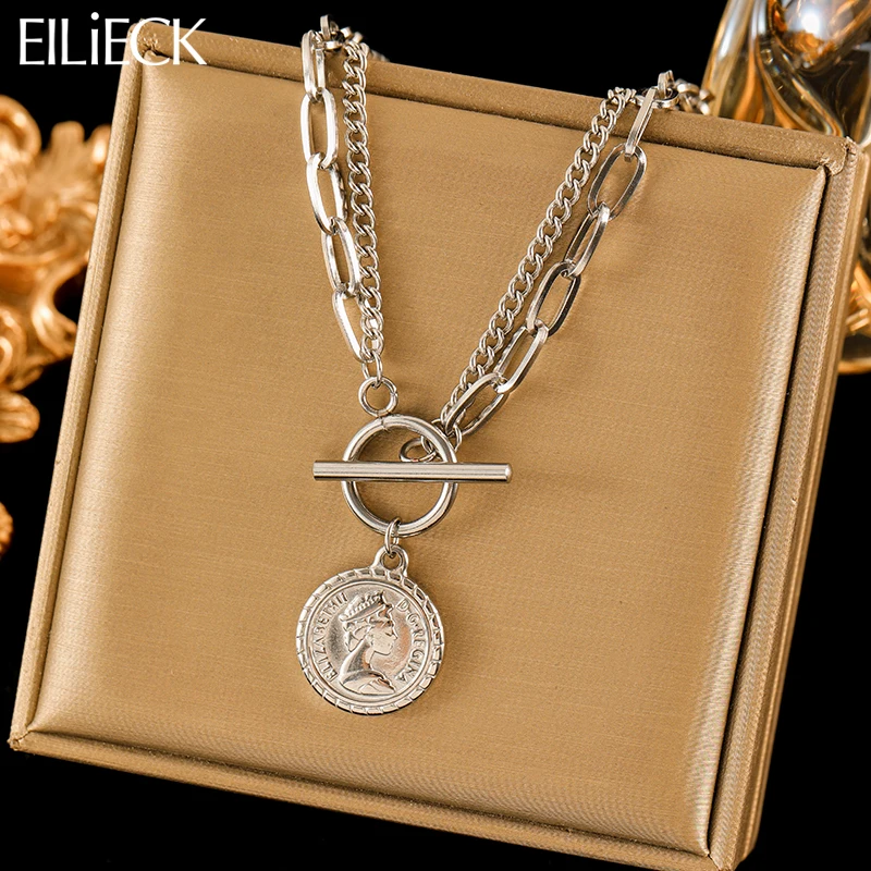 EILIECK 316L Stainless Steel Silver Color Portrait Coin Pendant Necklace For Women Fashion New Gift OT Buckle Neck Chain Jewelry