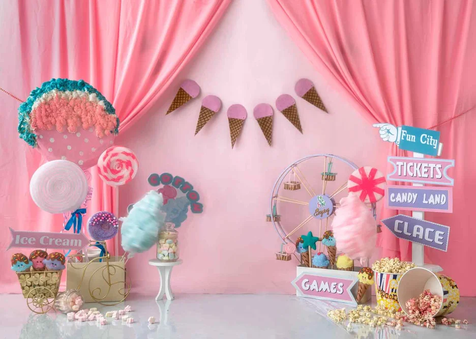 Candy Bar Shop Theme Backdrop Ice Cream Car Cupcake Lollipop Sweet Baby Birthday Party Photography Background Photo Studio Props