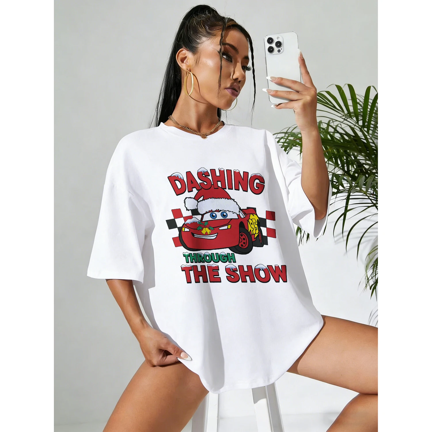 

Летняя гоночная футболка Disney с рождественским слоганом «Lightning McQueen», мужская и женская повседневная дышащая футболка из 100% хлопка с принтом