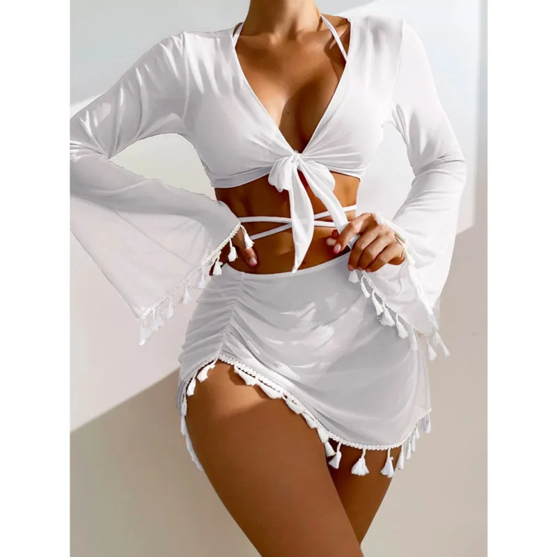 Zomer Mode Effen Kleur Omzoomd Cover-Up Bikini 4 Delige Set Vrouwen Afslanken Hoge Taille Mesh Rok Zon bescherming Strand Outfit