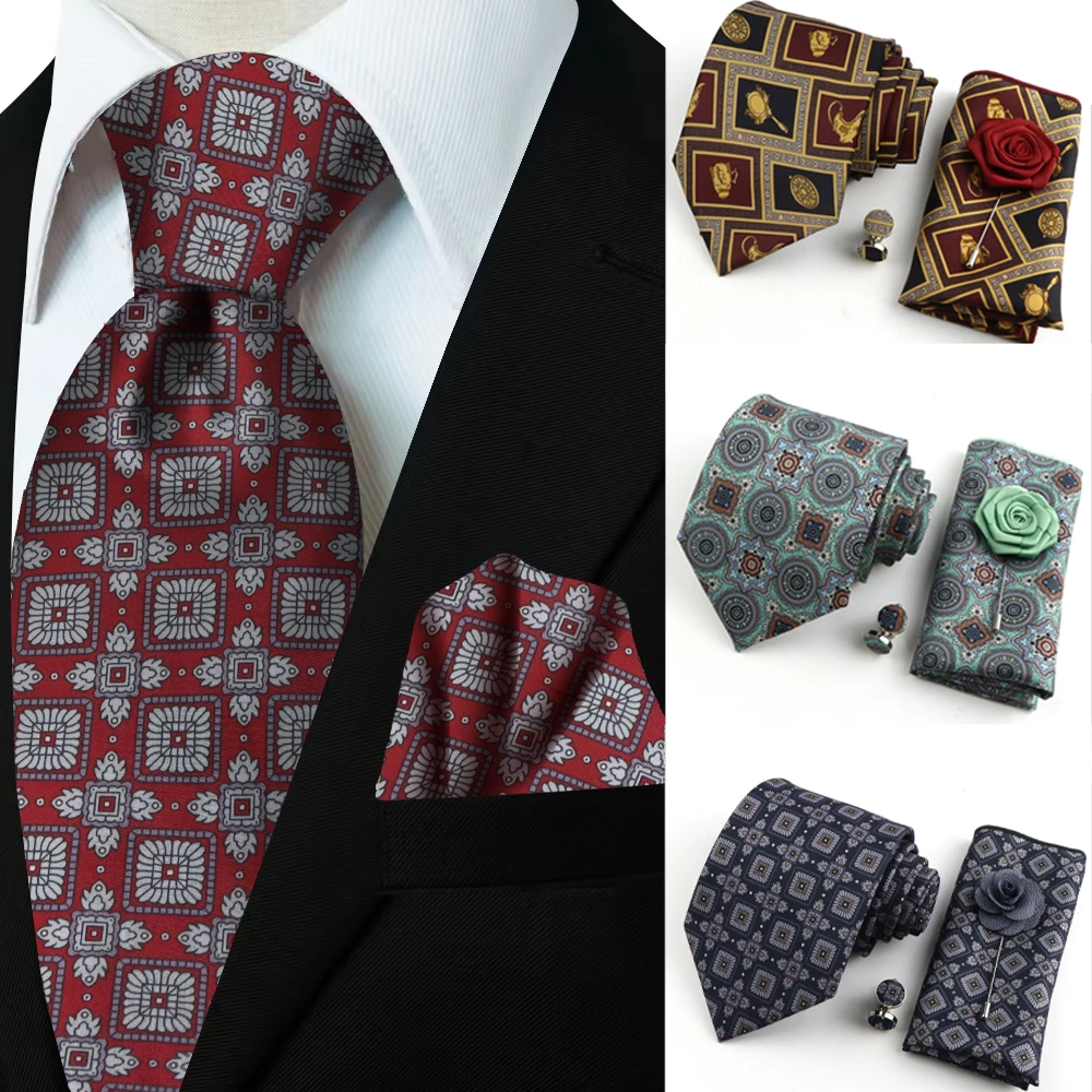 Conjunto para Hombre con Pañuelo Cuadrado Azul y Rojo con Estampado Paisley, Corbata de Poliéster Suave, Broche Floral y Gemelos como Accesorio para Traje o Camisa de Uso Diario