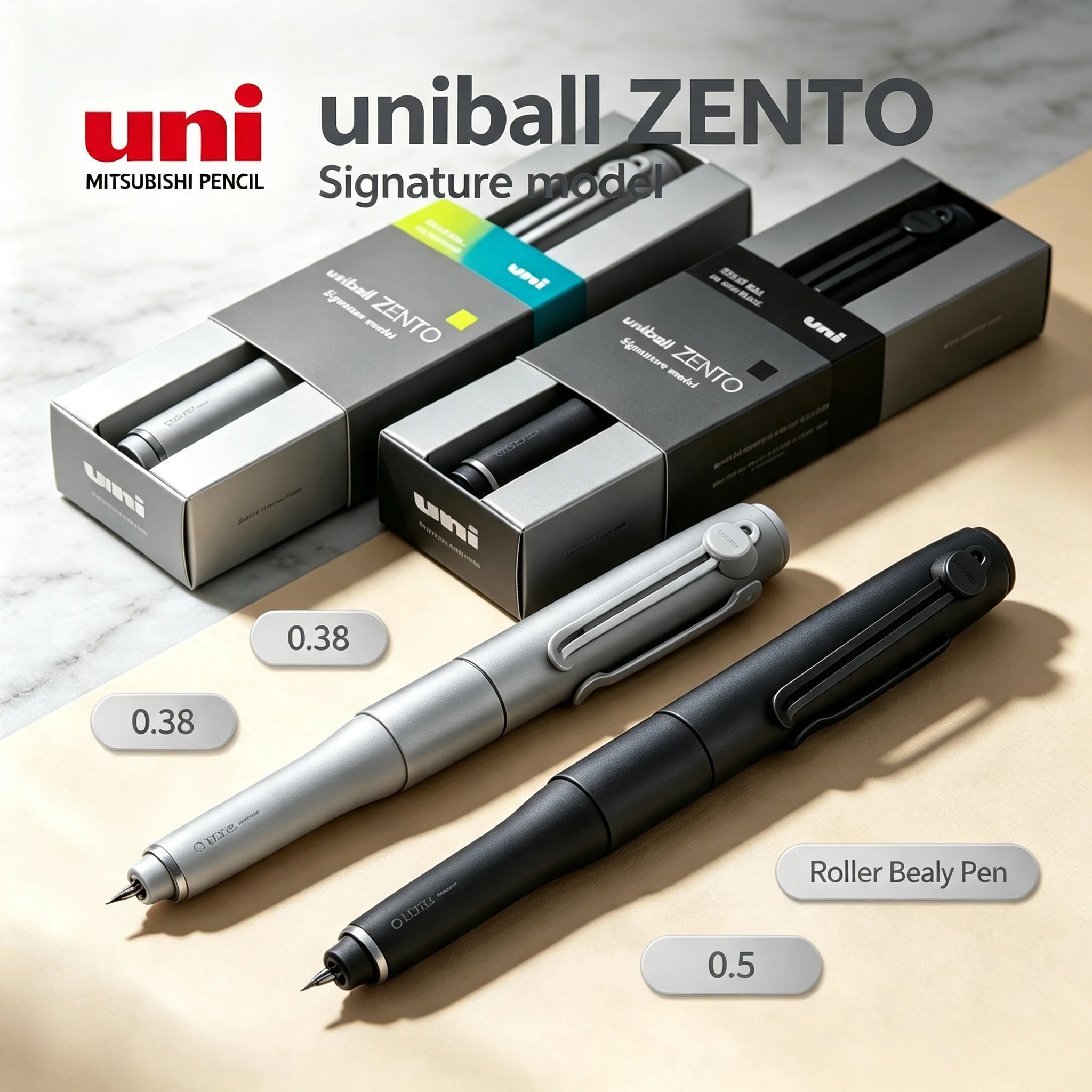 Image of Original Uni Uniball ZENTO Signature Modell Kugelschreiber, 0,38/0,5, mattmetallisches Gehäuse, Drehclip, für Business- und Büro-Signaturstifte
